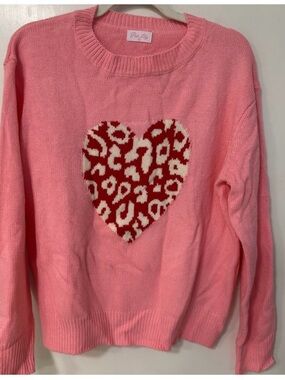 Pink Lily Pink Crewneck Sweater with Red and Cream Heart